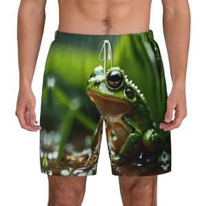 EdWal Kikker en regen print dubbellaags strandshort,Heren zwembroek sneldrogende zwemshorts Board Shorts, Wit, XXL