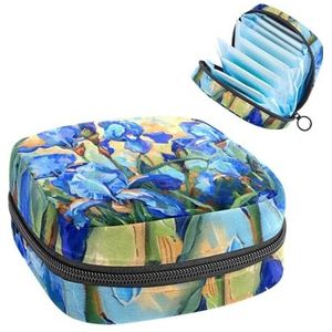 MUOOUM Blauw Blauw Irissen Kunst Schilderen Maandverband Opbergtas Menstruatie Pad Tas Draagbare Menstruatie Cup Pouch met Rits voor Tiener Meisjes Vrouwen Dames