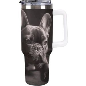 RTFGHJS 40 oz beker Franse Bulldog geïsoleerde beker reizen koffiemok met rietje deksel roestvrij stalen waterfles vacuüm geïsoleerde beker voor sport werk auto reizen weekends