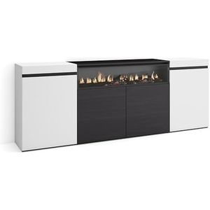 Skraut Home | Sideboard, Highboard | Commode, Commodekast | 200x75x35cm | 4 deuren | Elektrische open haard. Afmetingen | Moderne stijl | Wit en Zwart