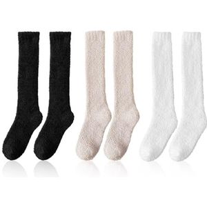 JTMKYO Set van 3 paar warme katoenen sokken voor dames, lang voor de winter, comfortabel, dikke kousen voor meisjes (zwart, wit, kaki), Zwart Wit Kaki, 35 EU
