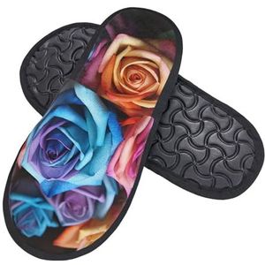 HerfsT Rozen Bloemen Print Harige Slippers Voor Vrouwen Mannen Pluizige Memory Foam Slippers Winter Pluche Huis Slippers L, Zwart, Medium