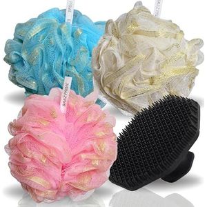 BAAZ PRIME Extra grote loofah-spons -75 g premium douche-loofah voor mannen en vrouwen met siliconen gezichtsscrubber, 3 + 1 exfoliërende douche-loofa badsponzen met rijk schuim en diepe reiniging
