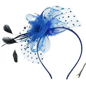 OUHO Fascinator dameshoed bloem mesh veren clip hoofdsieraad haaraccessoires voor party kerk bruiloft cocktail jockeyclub blauw