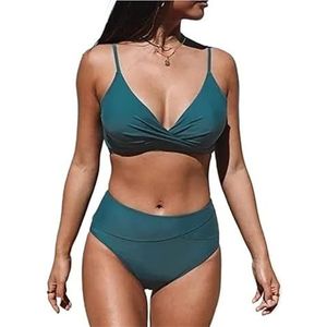 Bikiniset for dames, 2-delige badmode, kruis, gerimpeld, V-hals, hoge taille, push-up bikini, strandvakantie, damesbadpak(Malachite green,XL)