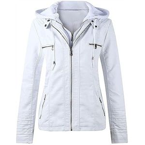 Leren Jas Dames Zwarte Jas Lente, Capuchon Imitatie Leren Jas Dames Jas Met Rits Motorjas Bikerjas Capuchon Jas Overgangsjas ， S-7XL Damesjassen(Blanc,7XL)