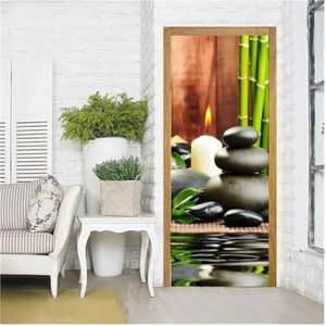 Deurstickers 3D Zen Stone Groene Bamboe Deurstickers Behang Bloem Vlinder Bladeren Deuren Muurschilderingen Meditatie Plant Muurschildering(Kleur:E,Grootte:95x215cm)