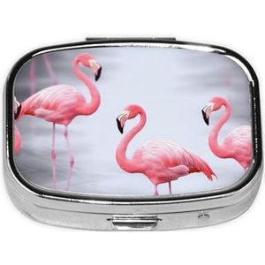 Mooie Roze Flamingo's Print Vierkante Pillendoos Leuke Mini Metalen Pil Case Draagbare Reizen Pil Organizer met 2 Compartiment voor Pocket Portemonnee