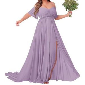 Off-shoulder bruidsmeisjes jurken met mouw - chiffon grote maten formele jurk, Wisteria, 32