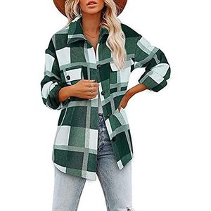 Sawmew Dames Geruit Flanellen Vest Casual Geruite Jas Geruite Wolmix Met Lange Mouwen (Color : Green A, Size : L)