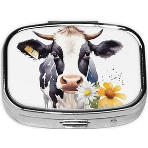 Aquarel Koe en Madeliefje Bloem Print Pillendoos 2 Compartiment Kleine Pillendoos met Spiegel Pillen Organizer Draagbare Geneeskunde Pillendoos voor Reizen Pocket Purse