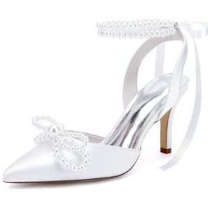 KYEGLO Satijnen Afstudeerschoenen Voor Dames Met Parelstrik, Puntige Neus, Hoge Hak En Parelriempje Om De Enkel, Perfect Voor Bruiloften En Schoolfeesten,Wit,36
