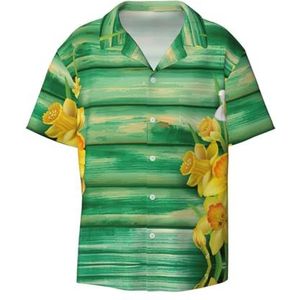 TyEdee Geel Narcissen Bloemen Print Heren Korte Mouw Jurk Shirts Met Zak Casual Button Down Shirts Business Shirt, Zwart, XL
