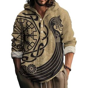 JHBTFQ Viking Heren Hoodie 3D-print Bamboe-linnen Stof Met Capuchon Kraag Knopen Shirt Lange Mouwen Noords Cadeau,Viking ship,3XL