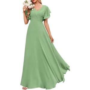 Chiffon bruidsmeisjesjurken voor dames, met split, baljurken, cocktailjurken, grote maten, Sage Groen, 32