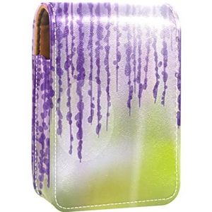 Draagbare Lipstick Case voor op reis, Mini Lipstick Opbergdoos met spiegel voor vrouwen dames, Lederen cosmetische etui Paars Wisteria Bloem Glanzend zonlicht, Meerkleurig, 9.5x2x7 cm/3.7x0.8x2.7 in