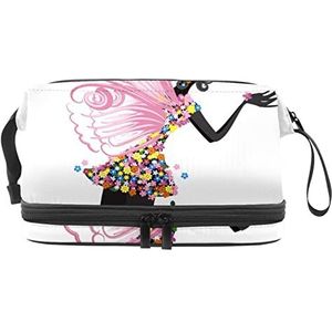 Grote capaciteit reizen cosmetische tas,Roze vlinder fee meisje bloemen,Make-up tas,Waterdichte make-up tas organisator, Meerkleurig, 27x15x14 cm/10.6x5.9x5.5 in