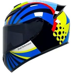 Full Face Motorhelm met Dubbele Achtervleugels DOT Gecertificeerd - Lichtgewicht en Duurzame Volwassen Motorfiets Straat Fietshelm (Gele lijnen, M)(Blue-yellow,Medium)