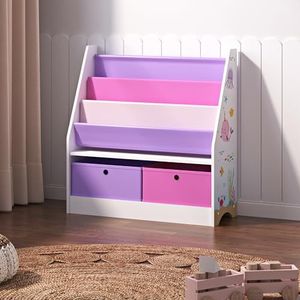 Kinderkast Neda boekenkast voor kinderen met 3 opbergvakken speelgoedopbergkast met 2 vouwdozen staand 74x71x23 cm wit lila roze