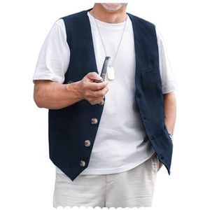 AeoTeokey Linnen vest voor heren, zomerpak, vest, vintage retrovest, normale pasvorm, marineblauw, XL
