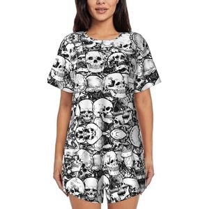 Zwart-wit schedels patroon print dames zomer zachte tweedelige bijpassende outfits korte mouw pyjama lounge pyjama sets, Zwart, 3XL
