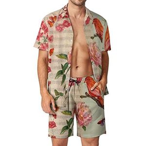 Vintage Aquarel Vogel En Rozen Mannen Hawaiiaanse Bijpassende Set 2 Stuk Outfits Button Down Shirts En Shorts Voor Strand Vakantie
