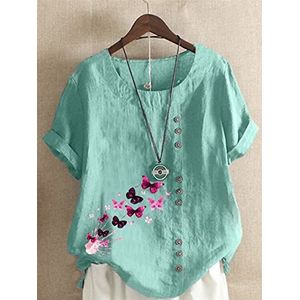 Vrouwen zomer ronde hals korte mouwen t-shirt casual katoen linnen grafisch shirt vrije tijd mode losse vlinders gepijnde blouse (Color : Lake Blue, Size : XL)