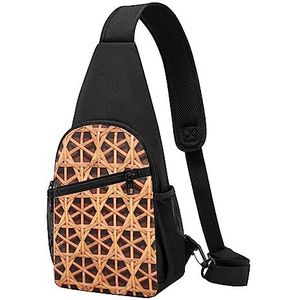 Rieten geweven raster print sling rugzak unisex sport borstzakken crossbody schoudertas, Zwart, Eén maat