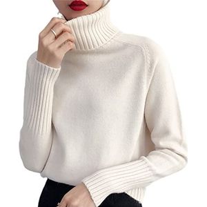 Dames kasjmier gebreide trui herfst winter rolkraag lange mouwen trui vrouwelijke trui, Beige, S