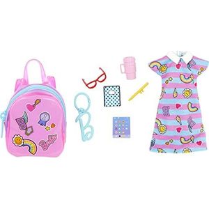 Barbie Vestiti, Deluxe Clip-On Bag con Scuola Outfit e Cinque Accessori a tema per Barbie Dolls, Multicolore