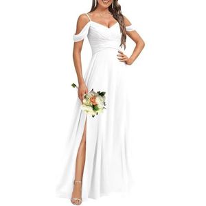 HPPEE Dames koude schouder V-hals chiffon bruidsmeisjes jurken met split geplooide formele jurk avondjurk, Wit, 32