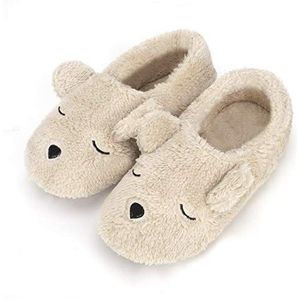 FakeFace Zachte pluche pantoffels, liefdespaar, pantoffels met super schattige cartoon beer voor winter, herfst, lente, maat, beige, 38/39 EU
