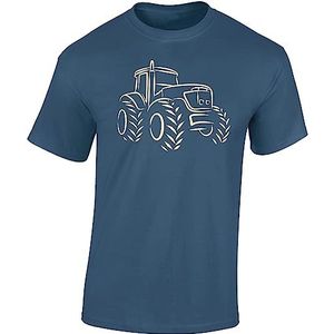 Baddery Tractor-T-shirt voor heren | trekker T-shirt heren | landbouwwerkkleding | boer shirt, Denim blauw - motief beige, L