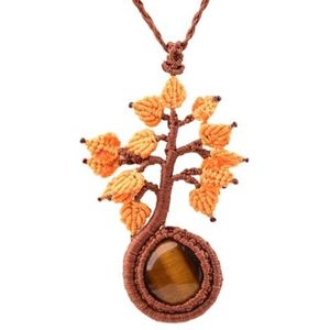 Handmade Flower Shape Gemstone Pendant Necklace for Women - Fashionable Amethyst String Braided Macrame Necklace - Unique Handcrafted Jewelry Gift (Color : Tiger Eye)