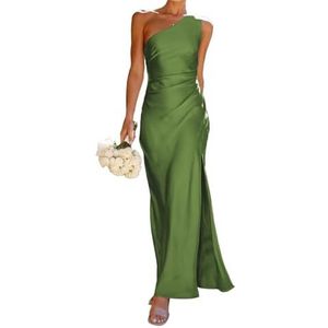 WSEYU Een schouder bruidsmeisjes jurken lange satijnen zeemeermin prom jurk geplooide formele feestjurk met split, Olijf-Groen, 38