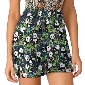 Fun Panda En Bamboe Bladeren Vrouwen Skorts Hoge Taille Tennisrok Gelaagde Korte Mini Rok Culottes Skorts Met Zakken 4XL