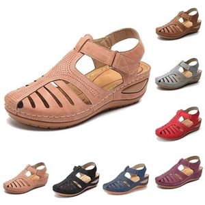 DSUSHU Comfortabele damessandalen, damessandalen met ondersteuning van de voetboog, gesloten teen, sleehakken schoenen hol uit antislip pu lederen strandsandalen, roze, 38.5 EU