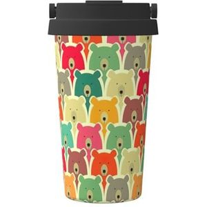 EdWal Kleurrijke beren print 500ml koffiemok, geïsoleerde camping mok met deksel, reisbeker, geweldig voor elke drank