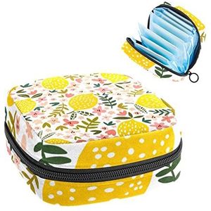 Fruit Citroen met Bloemen Patroon,Periode Pouch Draagbaar,Tampon Opbergtas,Tampon Houder voor Portemonnee Vrouwelijke Product Organizer, Meerkleurig, 4.7x6.6x6.6 in/12x17x17 cm