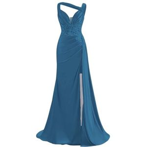 KIYNE Satijnen zeemeermin-galajurk voor dames, met kant, applicatie, pailletten, lange baljurk met split, formele feestjurk, Turkoois, 34