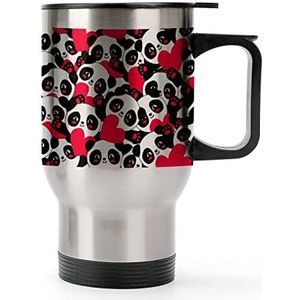 Naadloze Panda Heart Travel Koffiemok met Handvat & Deksel Rvs Auto Cup Dubbelwandige Koffiemokken