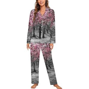 Roze En Grijs Canvas Wall Art Vrouwen Lange Mouw Button Down Nachtkleding Zachte Nachtkleding Lounge Pyjama Set XL