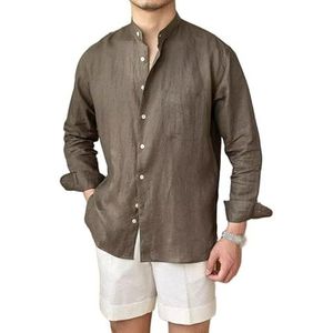 OHERUWKLS Heren Linnen Band Kraag Lange Mouw Button Down Cardigan Casual Woon-Werkverkeer Tops,Bruin,L