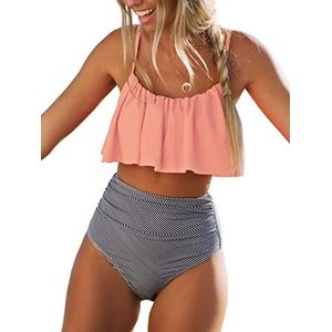 CUPSHE Dames Bikiniset met Ruches Cropped Bikini Hoge Taille Beachwear Tweedelige Badpakken Swimsuit Roze XS