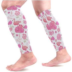 EZIOLY Roze Flamingo's Bloemen Sport Kalf Compressie Mouwen Been Compressie Sokken Kalf Guard voor hardlopen, Fietsen, Moederschap, Reizen, Verpleegkundigen