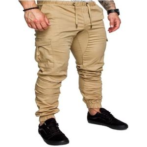 Cargobroek For Heren, Klassieke Casual Joggingbroek, Slank, Elastische Taille, Stretchtouw (Color : Khaki, Size : XL)