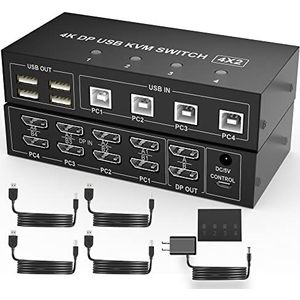 KVM Switch Dual Monitor DisplayPort 4K 60Hz met 4 USB 2.0 Hub - Keyboard Mouse Switch voor 2 monitoren en 4 computers