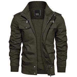 KEFITEVD Overgangsjas voor heren, lichte winterjas van katoen, herfstjas, pilotenjas met opstaande kraag, bomberjack, legerjas, legergroen, M