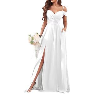 Dames chiffon bruidsmeisjes jurken met split lange galajurken ruches cocktailjurk plus size, Wit, 32