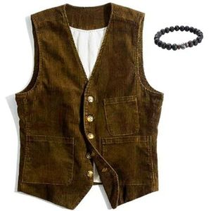 MAOAEAD Heren vintage corduroy mouwloos vest casual V-hals corduroy western vest slim fit werkkleding pak vest met zakken, Bruin, XL